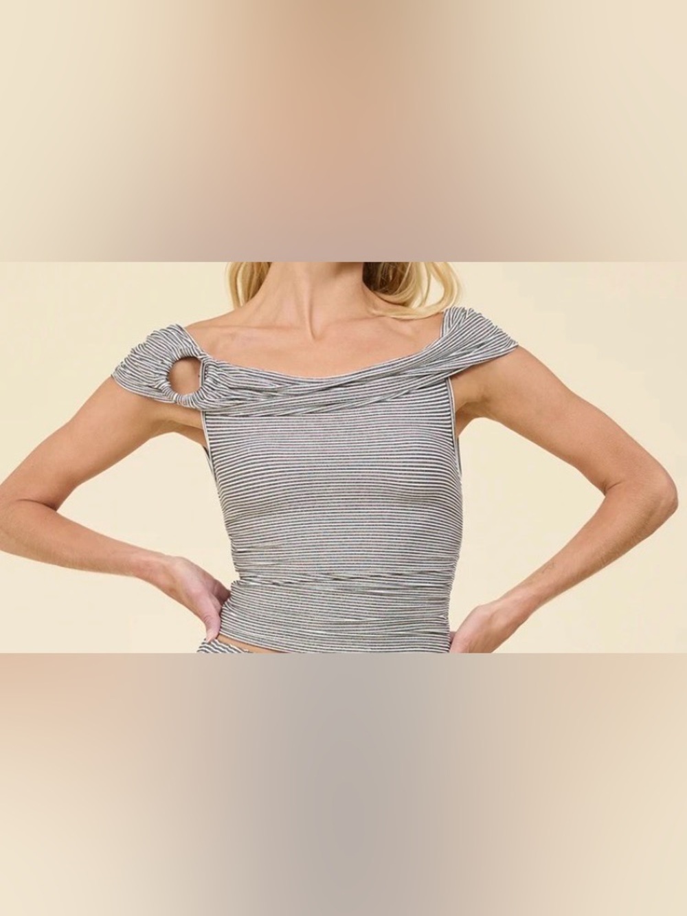 Surf Gypsy Lurex Rib Off-The-Shoulder Top/ Striped Crop Top with Ring: Medium - Picture 3 of 6